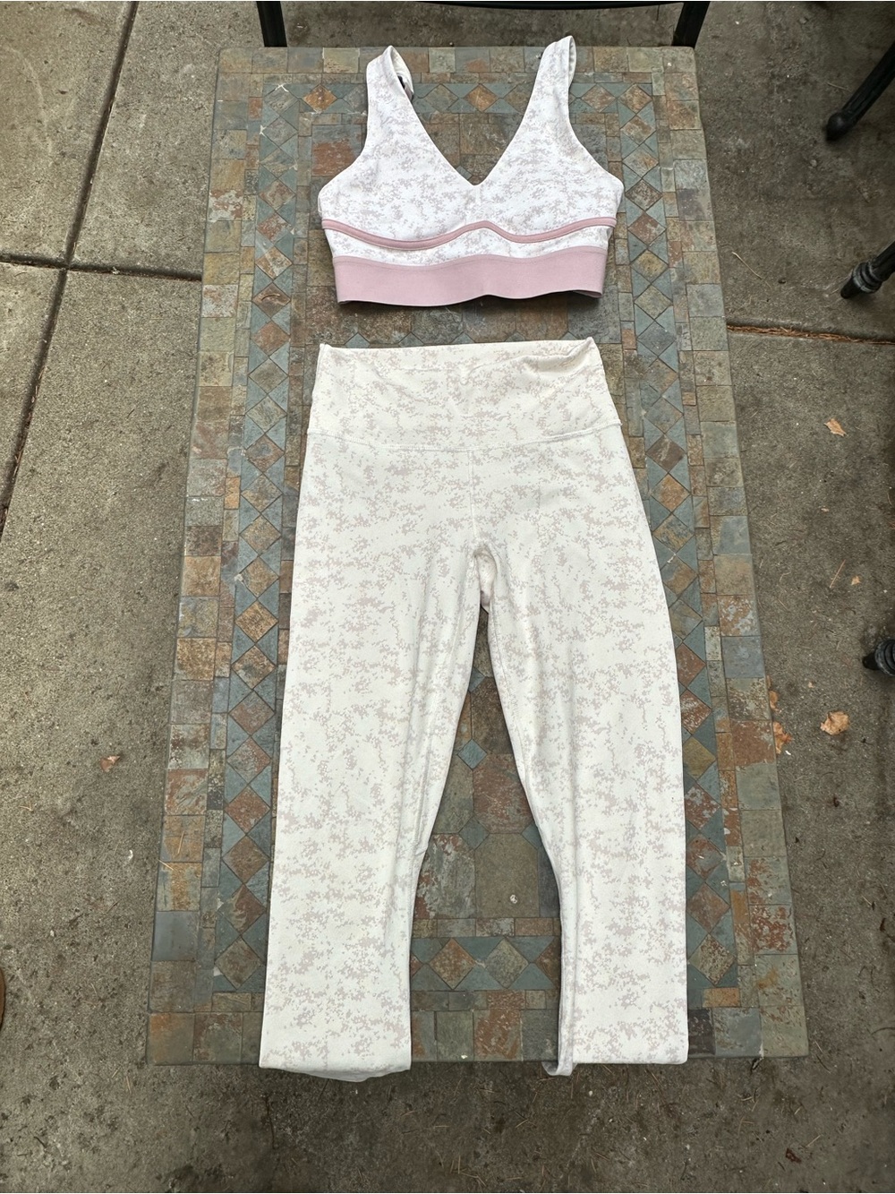 Fabletics High-Waist Cream & Pink Floral Active Leggings and Bralette WorkoutSet